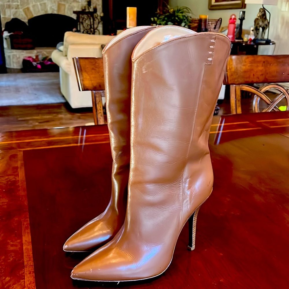 Tan leather Lucheese boats 4” heels mid-calf